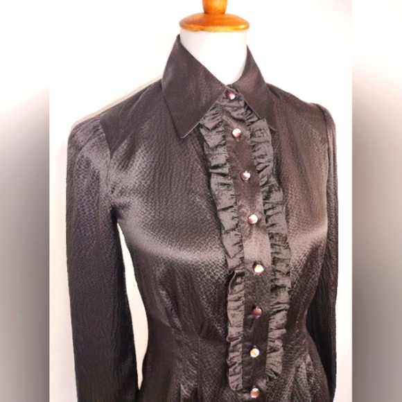DARK CHOCOLATE TEXTURED SILK BLOUSE - Picture 1 of 8